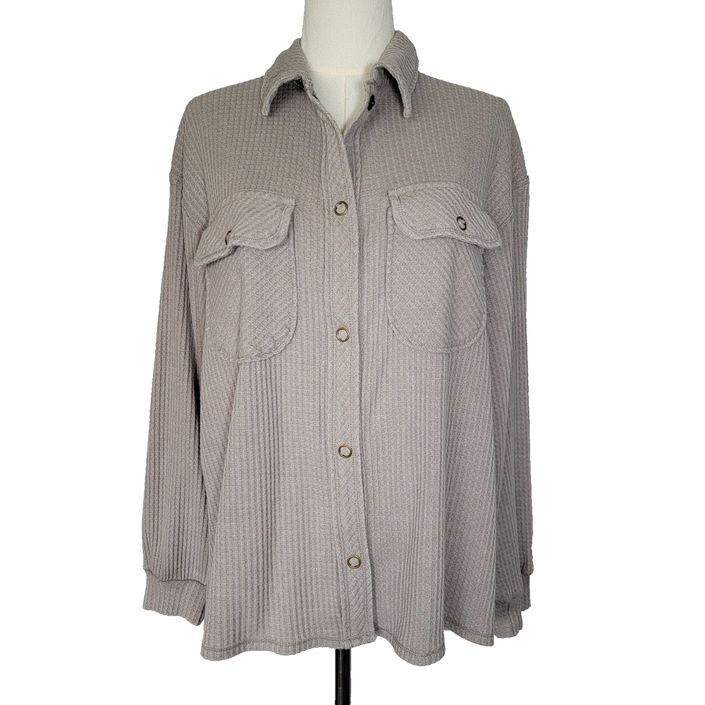 Waffle Thermal Gray Snap Top Jr M Casual Cabincore Minimalist Winter Prep Rewind